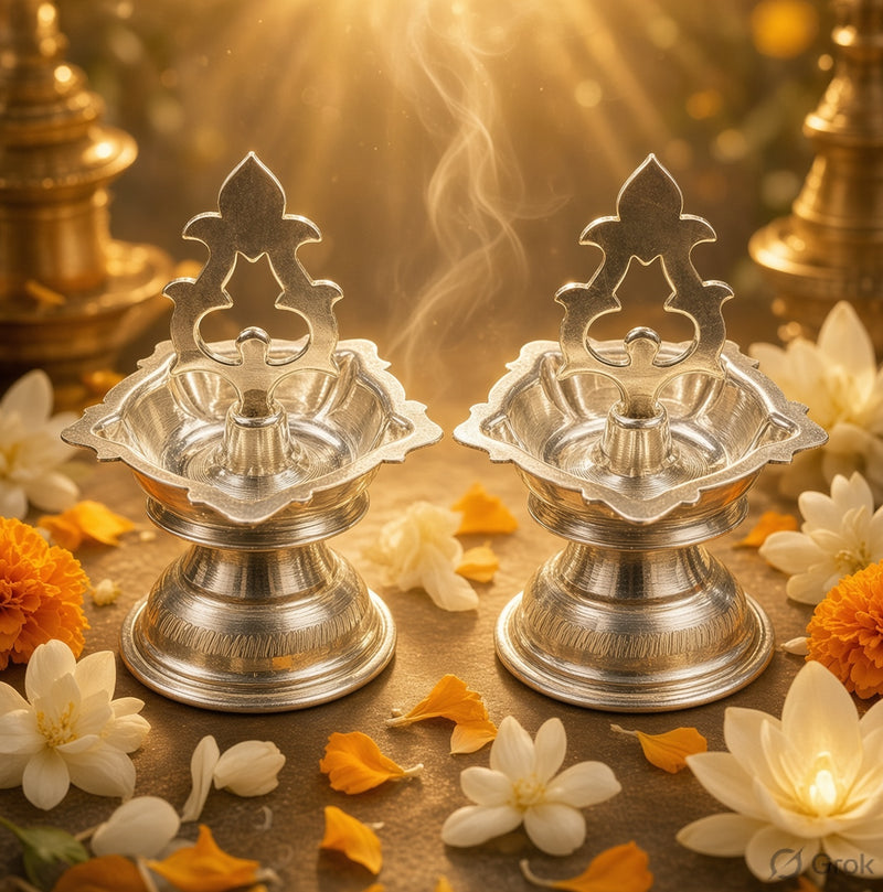 Small Kuthuvilakku Set | 20g Silver Traditional Pooja Vilakku