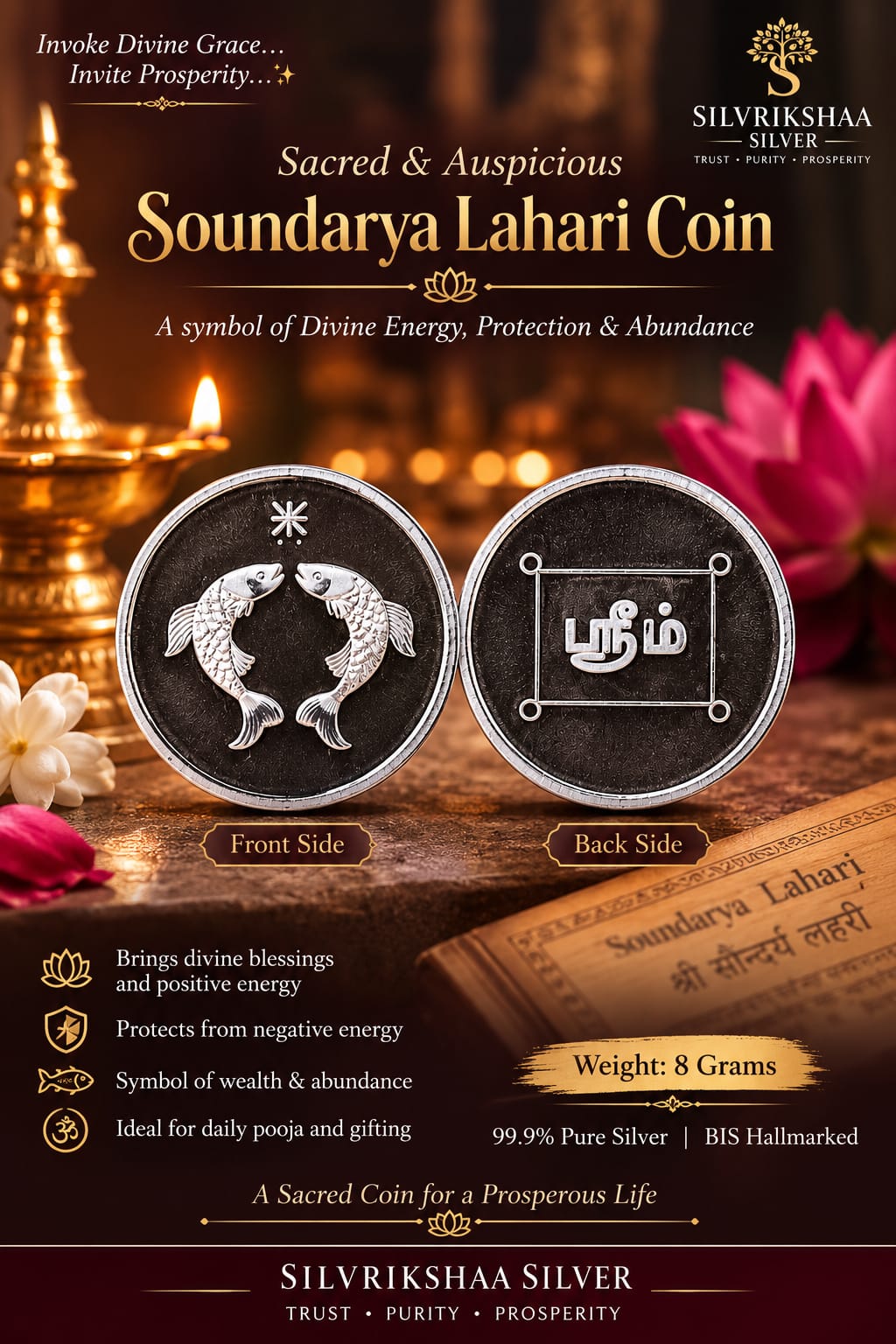 Soundarya Lahari Silver Coin 8g | Fish & Shreem Engraved Coin