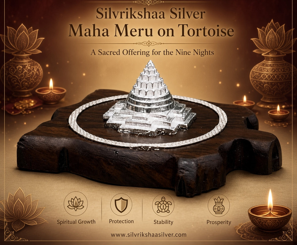 Maha Meru Silver Yantra on Wooden Tortoise – Divine Spiritual Décor for Prosperity and Positive Energy