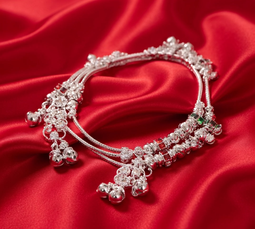 Traditional Silver Anklet with Multiple Chimes