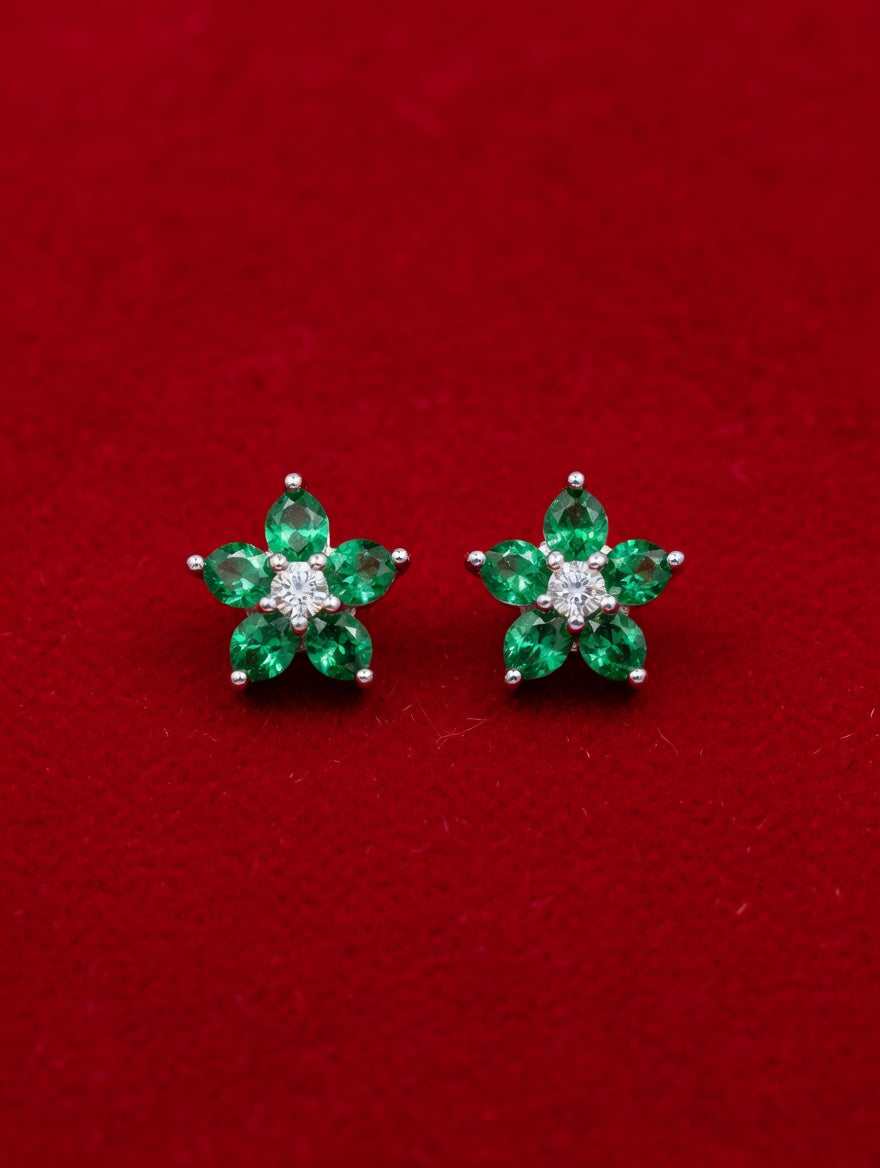 Green Stone Flower Stud Earrings